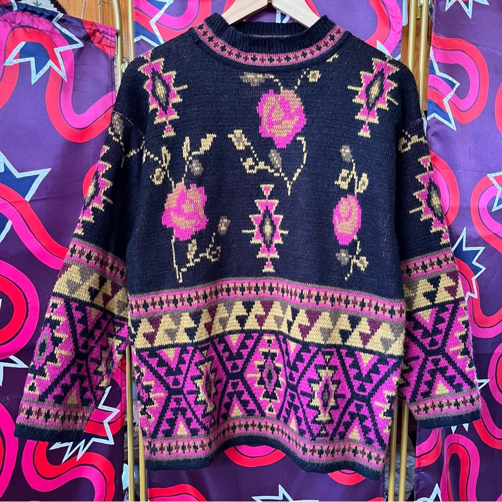 Vintage FairSet Colourful Aztec Patterned Knit Sweater Mock Neck Black Graphic - Picture 2 of 11